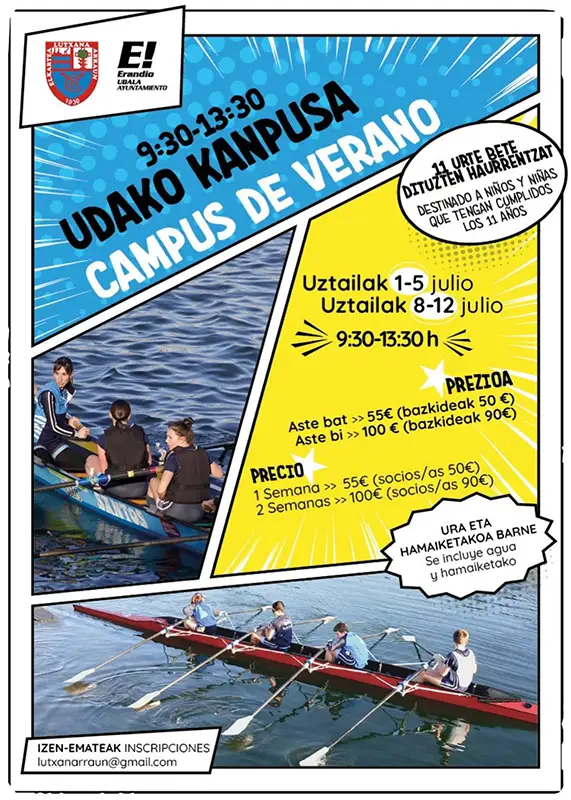 Cartel del Campus de remo para el verano de 2024, organizado por Lutxana Arraun Elkartea, Club de Remo Lutxana. Para niños y niñas que tengan cumplidos los 11 años.